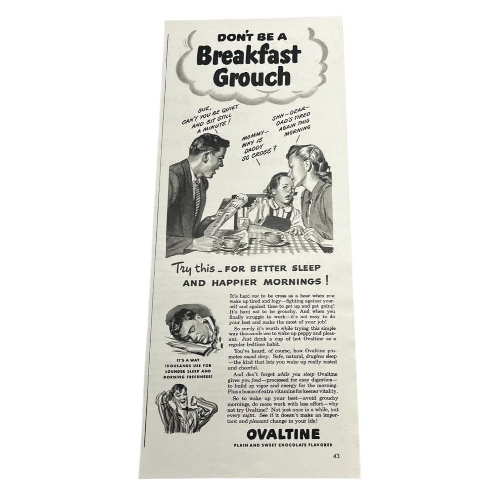 Vintage 1948 Ovaltine Print Ad Dont Be a Breakfast Grouch Original Ad